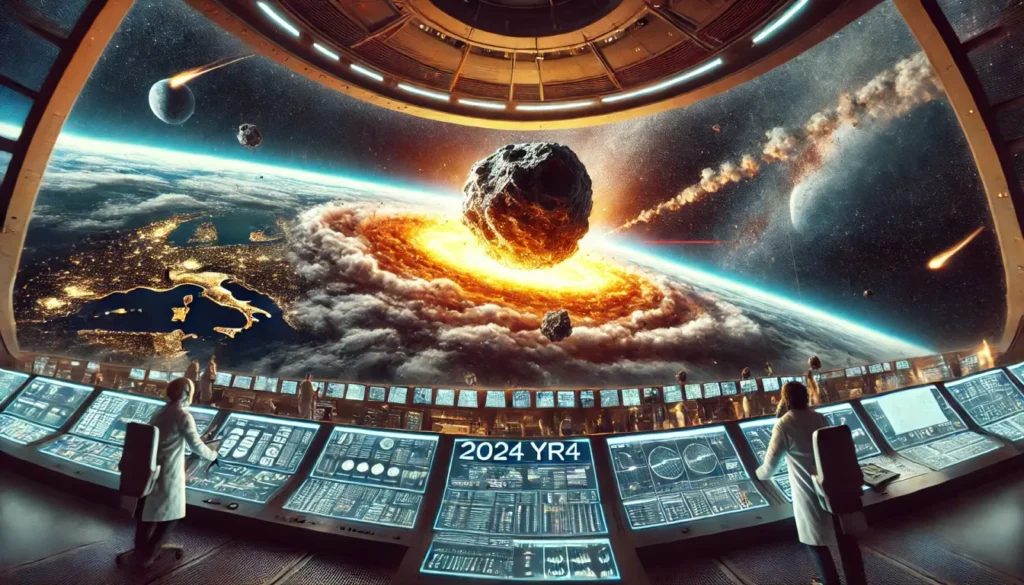 Ilustrace asteroidu 2024 YR4 blížícího se k Zemi